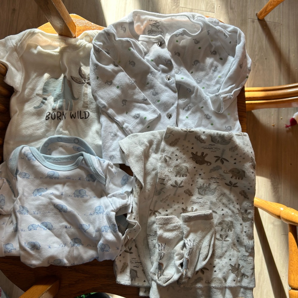 Baby elephant layette set up to 8 months blanket onesies socks EUC